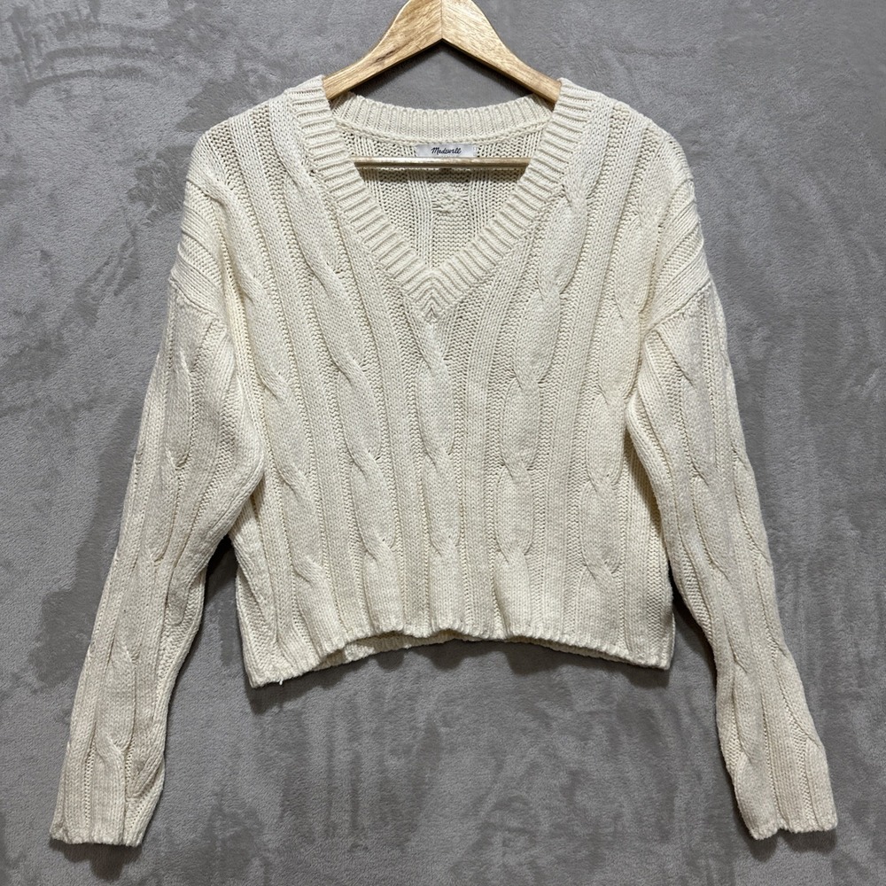Madewell Cable Knit V-Neck Crop Sweater Women's 2XS Antique Cream Neutral Preppy
